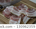 Ukrainian traditional cuisine. Very tasty pieces of salo. Raw ukrainian bacon or salo on wooden board. Sliced salted pork lard (salo). Food concept. 130962359