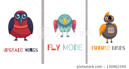A vector set of posters with futuristic robotic bird and funny quote, perfect for a technology card, sci-fi themes, A vector set of posters with futuristic robotic bird and funny quote, perfect for a technology card, sci-fi themes, 130962389