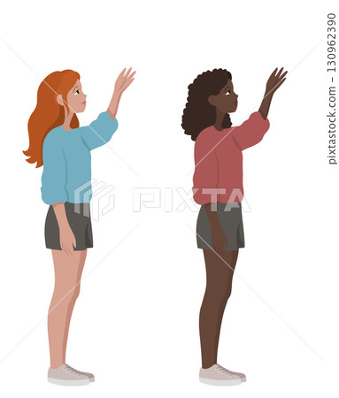 Vector illustration of two young women reaching upward. Collection of African and European teenage girls. Suitable for educational projects 130962390