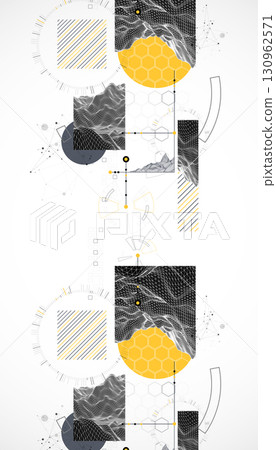 Minimal abstract composition with wireframe mountains, geometric hexagons, dots, and lines. Minimal abstract composition with wireframe mountains, geometric hexagons, dots, and lines. 130962571