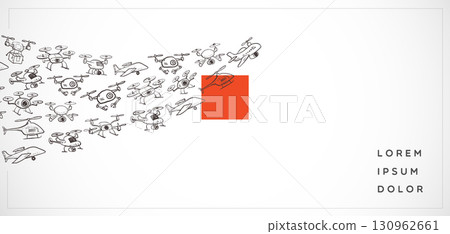 Vector composition of various hand-drawn doodle drones flying across the frame with one highlighted over a red square accent on white background 130962661