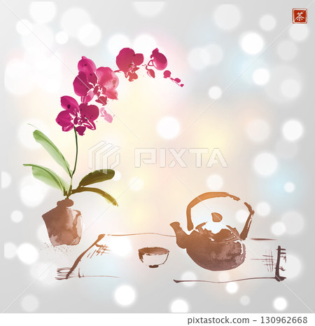 Ink painting of orchid flowers, teapot and cups on white shimmering background. Traditional oriental ink painting sumi-e, u-sin, go-hua on white shimmering background. Translation of hieroglyph - tea. Ink painting of orchid flowers, teapot and cups on white shimmering background. Traditional oriental ink painting sumi-e, u-sin, go-hua on white shimmering background. Translation of hieroglyph - tea. 130962668
