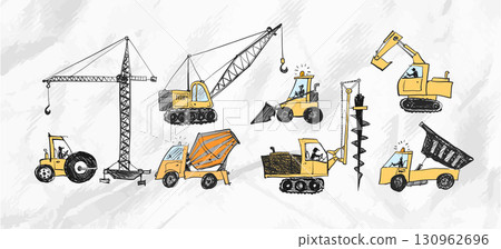 Vector doodle sketch of various heavy construction vehicles, including cranes, excavators, trucks, and loaders, in hand-drawn style on crumpled paper background Vector doodle sketch of various heavy construction vehicles, including cranes, excavators, trucks, and loaders, in hand-drawn style on crumpled paper background 130962696