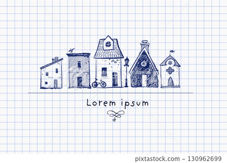 Hand drawn illustration of cute doodle houses in a row with place for your text below on lined paper 130962699