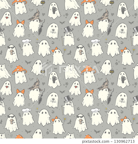 Seamless pattern of doodle ghosts in various costumes on a grey background. Can be used for wallpaper, pattern fills, textile, web page background, surface textures. Seamless pattern of doodle ghosts in various costumes on a grey background. Can be used for wallpaper, pattern fills, textile, web page background, surface textures. 130962713