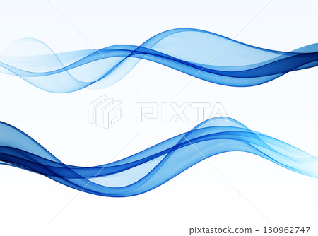 Two smooth blue abstract waves flowing across a bright white background. Two smooth blue abstract waves flowing across a bright white background. 130962747