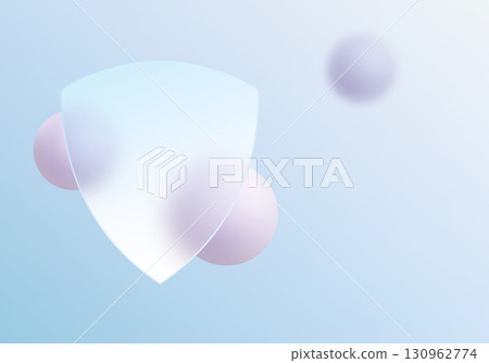 Minimalistic glass-style shield with floating pastel spheres on soft blue background, concept of online safety 130962774