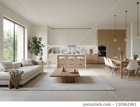 Modern interior design features a luxurious open-plan living room with kitchen, furniture, wooden floors, and large windows. Modern interior design features a luxurious open-plan living room with kitchen, furniture, wooden floors, and large windows. 130962961