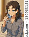 動漫繪畫工作日和工作日，辦公室女士，早上起床，喝熱水，安靜地準備，不說太多話 130963181