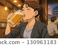 動漫畫，美女OL，下班後在居酒屋喝啤酒，幸福的飲料 130963183