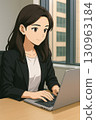 動漫繪畫，美麗的辦公室女士，在筆記型電腦上寫提案和報告 130963184