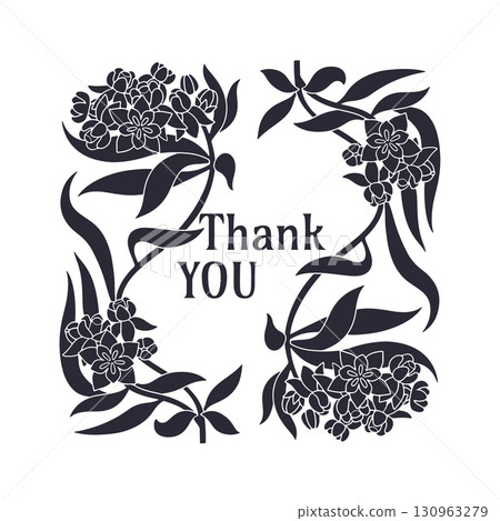 Hand drawn monochrome Art nouveau milkweed flowers and leaves frame with text thank you Hand drawn monochrome Art nouveau milkweed flowers and leaves frame with text thank you 130963279