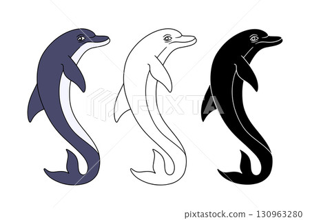 Monochrome and colorful hand drawn dolphin vector illustration set Monochrome and colorful hand drawn dolphin vector illustration set 130963280