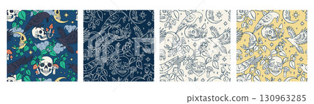Halloween seamless pattern set of hand drawn crow sitting on human skull vector illustration 130963285