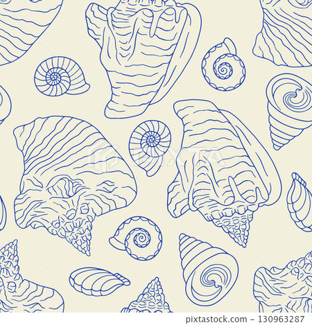 Blue and beige line art conch shells coastal seamless pattern. Hand drawn mollusk repeat background 130963287