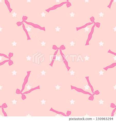 Seamless pattern with cute hand drawn fancy pink bow knots and stars. Pretty retro coquettes wallpaper. Vintage romantic repeat background 130963294