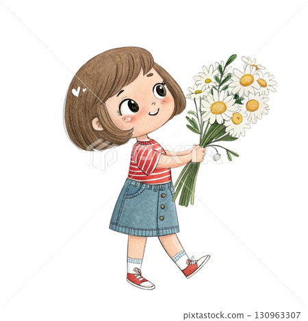 A cute chibi girl with curly hair in twin braids, wearing a pastel yellow dress with white lace collar , holding a bouquet 130963307