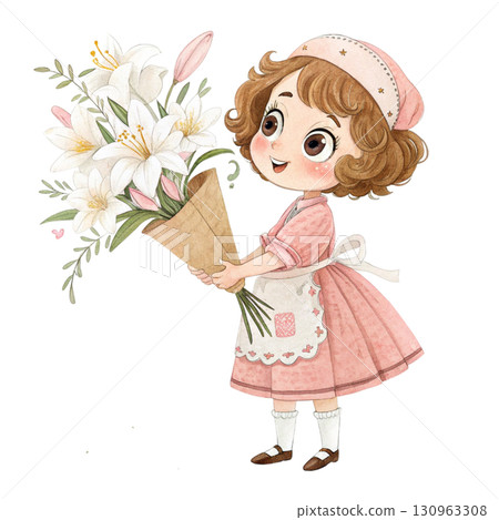 A cute chibi girl with curly hair in twin braids, wearing a pastel yellow dress with white lace collar , holding a bouquet 130963308