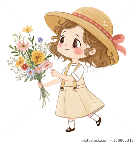 A cute chibi girl with curly hair in twin braids, wearing a pastel yellow dress with white lace collar , holding a bouquet 130963312