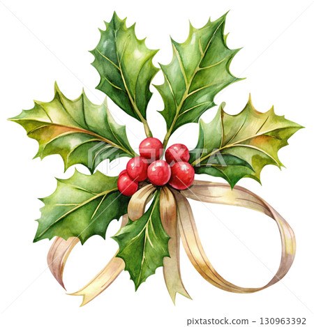 Holly Minimal Watercolor PNG White background 130963392