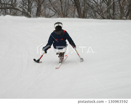 Skiers using chair skis at Hakuba Iwatake Snowfield 130963592