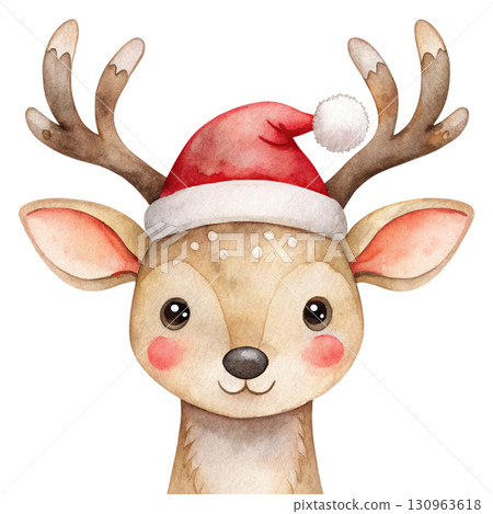 Cute reindeer wearing a Santa hat Watercolor 130963618