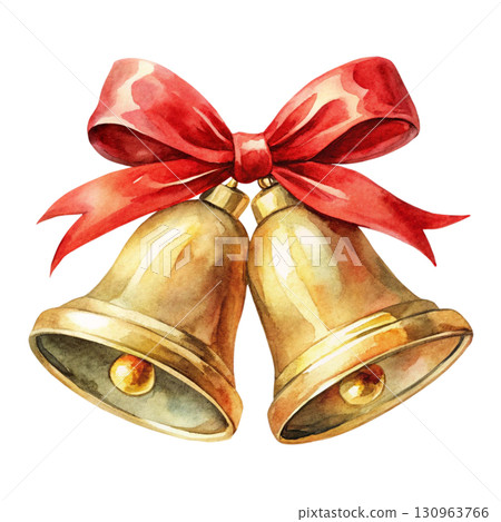Golden bell hanging with a red ribbon Watercolor PNG White background 130963766