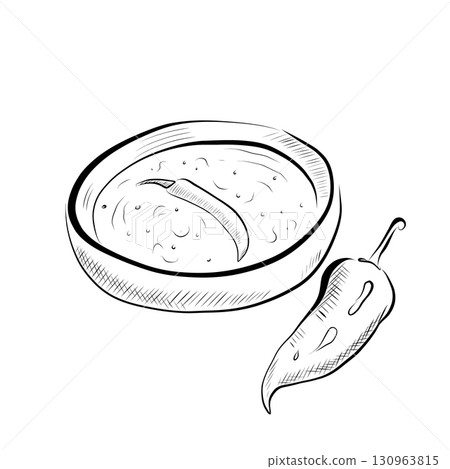 Line art illustration of Mexican food - peppers and hot sauce. Line art illustration of Mexican food - peppers and hot sauce. 130963815
