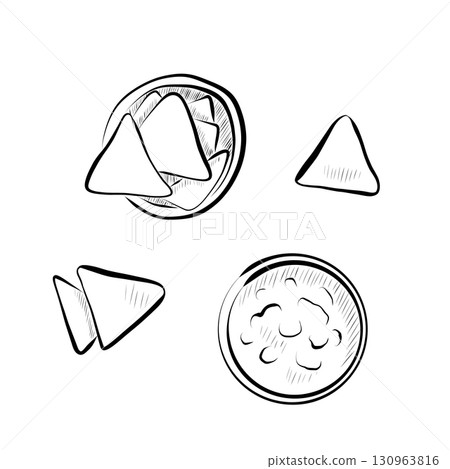 Line art illustration of Mexican food - nachos and sauce. 130963816