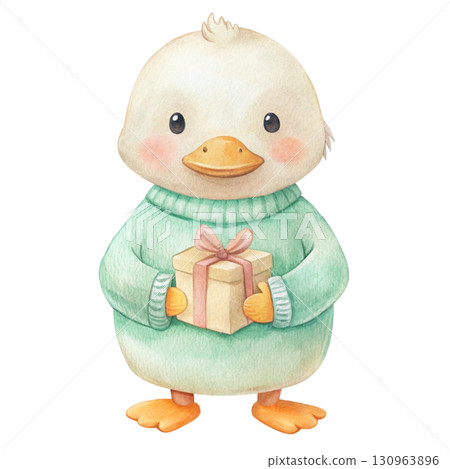 A cute duck wearing a pastel yellow hoodie Watercolor PNG White background 130963896