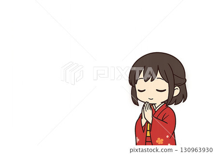 新年插圖：一位微型女性在新年第一次參拜神社時祈禱 130963930