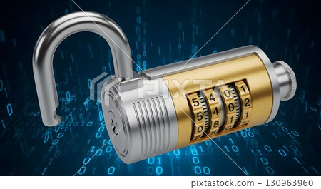 Combination lock on a background of binary code, symbolizing data security. Combination lock on a background of binary code, symbolizing data security. 130963960