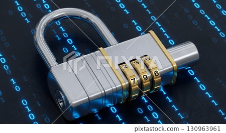 Combination lock on a background of binary code, symbolizing data security. 130963961