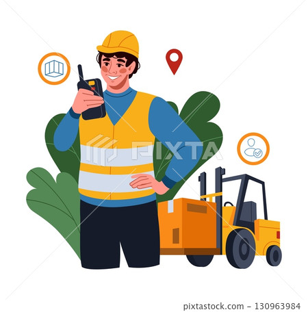 Supply export. Cargo delivery. Freight transportation. Container loaders control. Warehouse forklift with box. Logistic support service. Distribution pin. Man in uniform. Import parcel. Vector concept 130963984