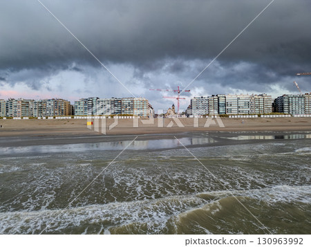 Nieuwpoort, West-Vlaanderen, Belgium, September 13th, 2025, A stormy beachfront scene featuring Nieuwpoort, West-Vlaanderen, Belgium, September 13th, 2025, A stormy beachfront scene featuring 130963992
