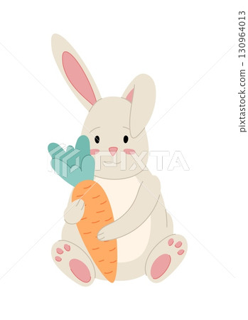 Easter rabbit. Watercolor drawing domestic animal with carrot. Cute cartoon character. Bunny egg. Spring holiday. Mammal sitting pose. Baby hare ear. Kids comic illustration. Vector isolated element 130964013