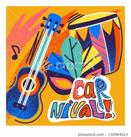 Carnival party poster. Mexican festival music. Abstract color shapes. Brazilian fair parade masquerade mask. Musical guitar and drum. Latin dance. Holiday fun event. Orchestra performance vector card 130964023
