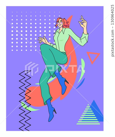 Woman art poster. Happy jumping girl on bright geometric background. Character in active dynamic body position. Smile casual person. Fashion teenager. Vector cartoon flat style isolated illustration 130964025