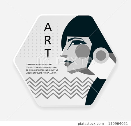 Art Bauhaus poster. Woman portrait abstract design. Creative female profile face. Hexagon frame. Geometric flat shape. Girl head. Minimalist collage. Exhibition brochure. Vector trendy graphic card 130964031