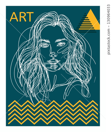 Woman face poster. Beautiful young female portrait. Line pencil sketch drawing. Geometric abstract flat shapes. Stylish lady hairstyle. Fashionable attractive girl head. Vector glamour journal banner 130964033
