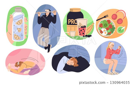 Healthy lifestyle. Morning routine with food and sport exercise. Drink water bottle. Health daily care. Actively living. Balanced life. Diet lunch. Fitness training. Sleep in bed. Vector concepts set Healthy lifestyle. Morning routine with food and sport exercise. Drink water bottle. Health daily care. Actively living. Balanced life. Diet lunch. Fitness training. Sleep in bed. Vector concepts set 130964035