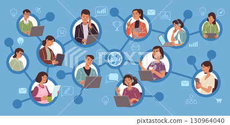 SEO technology. Web business. Startup employees communication structure. People group connection. Social media banner. Education and marketing management. Creative or work team network. Vector concept 130964040