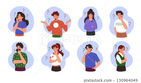 People with question marks. Confused person asks. Pensive character, young female. Business problem. Men think gesture. Vector boy is looking for tidy solution cartoon flat style isolated illustration 130964049