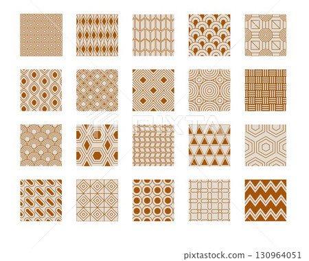 Art deco ornament. Seamless geometric. Line graphic background. Retro brown minimal pattern. Victorian abstract tile. Modern decorative textile. Simple flat shapes. Vector vintage tidy wallpapers set Art deco ornament. Seamless geometric. Line graphic background. Retro brown minimal pattern. Victorian abstract tile. Modern decorative textile. Simple flat shapes. Vector vintage tidy wallpapers set 130964051