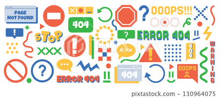 Error 404 icon. Cartoon computer mistake elements. Retro geometry digital. Cross or exclamation sign. Failure message for website. Geometric internet buttons. Vector network garish graphic symbols set Error 404 icon. Cartoon computer mistake elements. Retro geometry digital. Cross or exclamation sign. Failure message for website. Geometric internet buttons. Vector network garish graphic symbols set 130964075