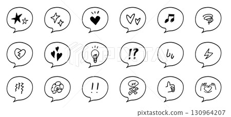 Speech bubbles and emotion icons. Cute doodle decoration. Hand drawn frames. Emphasis, hearts, glitter. Speech bubbles and emotion icons. Cute doodle decoration. Hand drawn frames. Emphasis, hearts, glitter. 130964207
