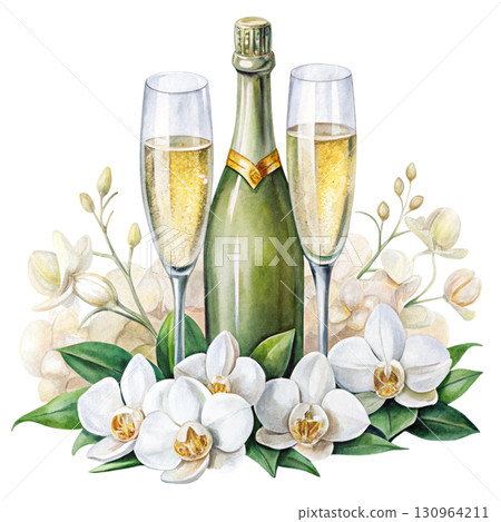 A watercolor illustration of a green champagne bottle with a golden foil top PNG White background A watercolor illustration of a green champagne bottle with a golden foil top PNG White background 130964211