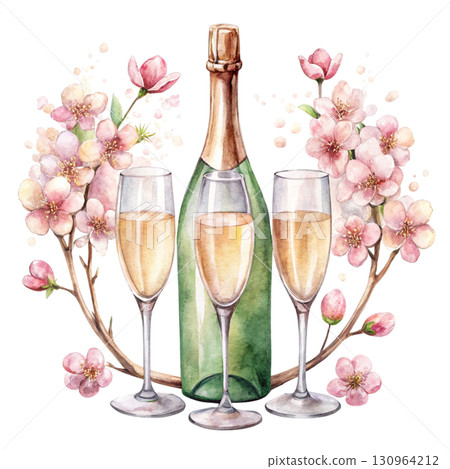 A watercolor illustration of a green champagne bottle with a golden foil top PNG White background A watercolor illustration of a green champagne bottle with a golden foil top PNG White background 130964212