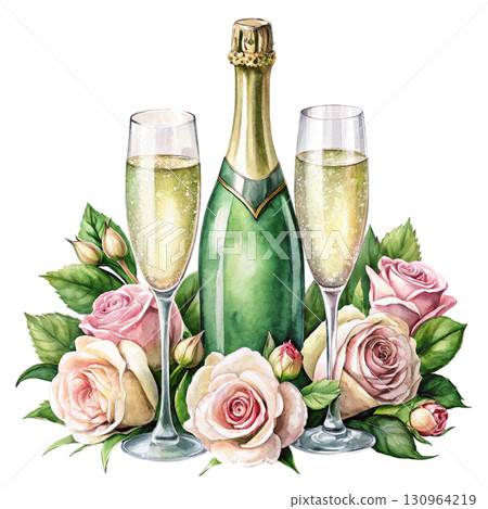 A watercolor illustration of a green champagne bottle with a golden foil top PNG White background 130964219