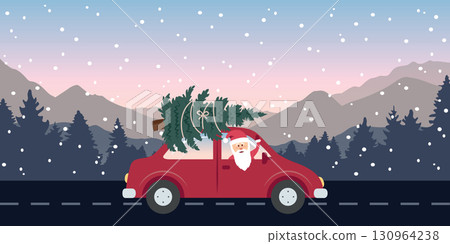 santa drive with red car and christmas tree in snowy winter landscape vector illustration 130964238